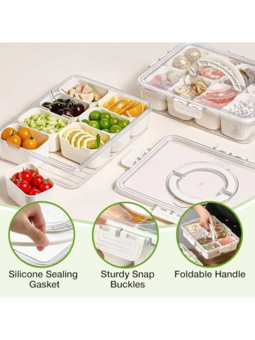 2 Pack Snack Box Containers with Lid & Handle - Divided Serving Trays for